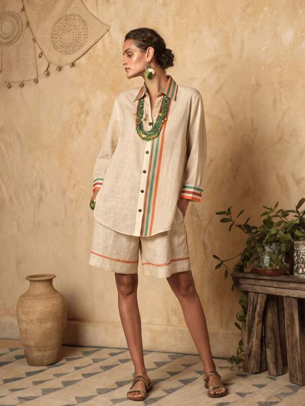 Balvessa Minimalist Casual Vacation Daily Commute Old Money Style Shirt And Shorts With Pockets Textured Fabric Spring Summer Autumn Apricot 2 Pieces Set