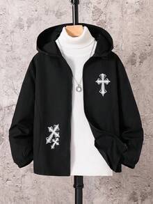 SHEIN 兒童青少年男孩休閒日常百搭舒適字母印花圖案連帽寬鬆長袖輕量梭織秋季外套街頭風 - 彩色 - 查看 3