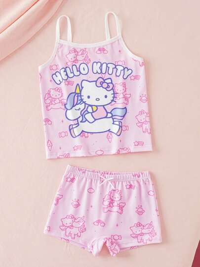 HELLO KITTY AND FRIENDS | SHEIN Set Camisole dan Celana Dalam 4-Corner Motif Kartun Huruf untuk Anak Perempuan