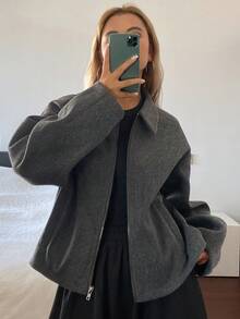 DAZY Women's Solid Color Loose Fit Lapel Zip-Up Long Sleeve Casual Streetwear Spring Autumn Wool Jacket - Grey - View 1