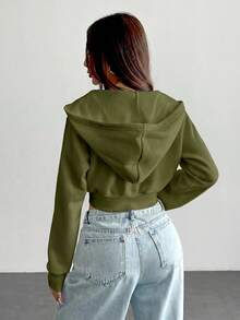 SHEIN PETITE 女款純色前拉鍊長袖口袋上衣 - 軍綠色 - 查看 2