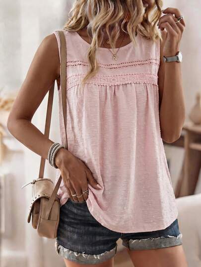 SHEIN Holidaya Women's Light Pink Summer Boho Vacation Lace-Trimmed Babydoll Camisole,Polka Dot Flowy Sleeveless Top,Elegant Casual Beach Party Graduation Blouse