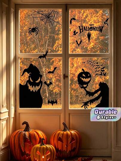 1/2/4/6Pcs Halloween Window Clings Stickers, Black Silhouette Ghost Witch Pumpkin Spider Bat Decals, Removable Static Window Decorations For Home Party Glass Door Decor