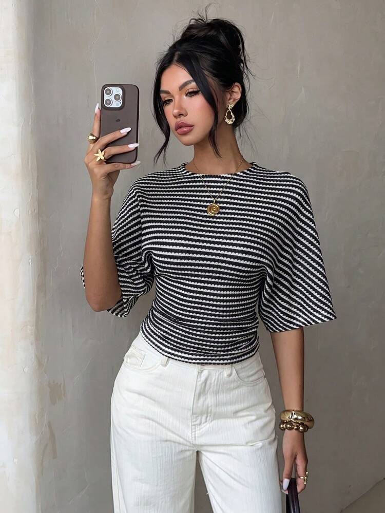 Aloruh Black & White Striped Batwing Sleeve Waist-Cinching Casual T-Shirt - Black and White - View 8