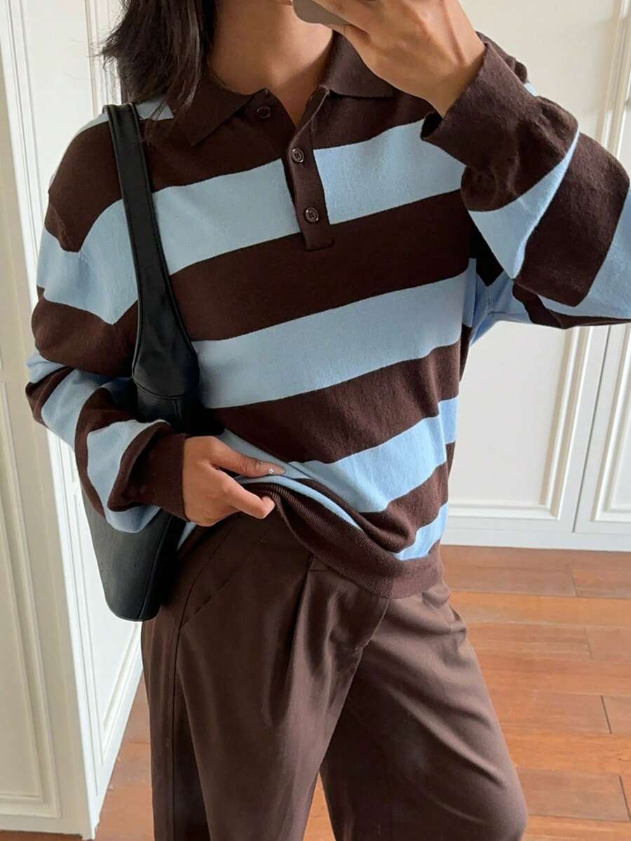 SHEIN EZwear Women's Vintage Fashion Button Half-Placket Long Sleeve Striped Sweater - Multicolor - View 1