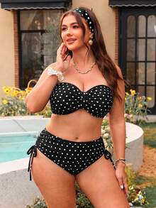 Swim Mod Plus Size Women 2pcs Random Polka Dot Print Casual Swimwear Set - Black and White - View 4