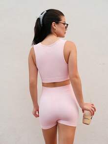 Nelanie Turli Women Solid Color Ribbed Yoga Tank Top And Shorts Set Workout Women Sets Sports Pink - Pink - View 3