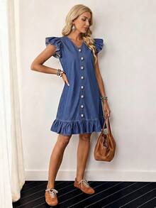 EMERY ROSE Vestido de mezclilla versátil y de moda con cuello en V, botones y bajo con volantes - Azul - Ver 8