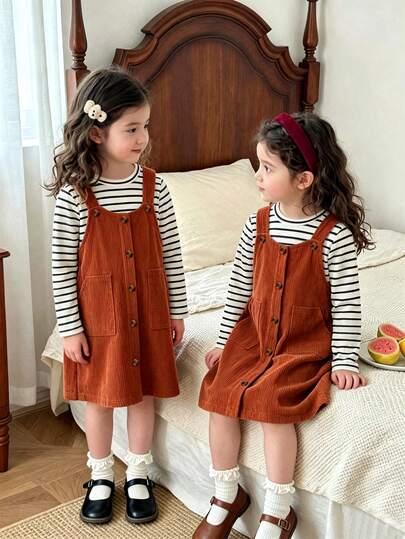 Girls Classic Black & White Striped Elastic Base Layer Top Paired With Vintage Caramel Corduroy Dual Pocket Design Practical Casual Fit, Spring/Autumn Layering Set