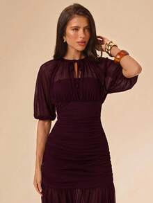 SHEIN BAE Women's Elegant Party Mesh Dress - Maroon - View 6