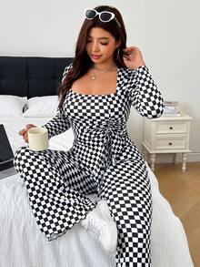 SHEIN EZwear 大尺碼棋盤格印花上衣與長褲兩件套 秋季 - 黑與白 - 查看 1