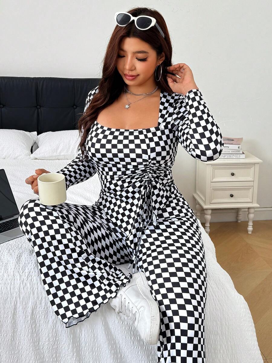SHEIN EZwear 大尺碼棋盤格印花上衣與長褲兩件套 秋季 - 黑與白 - 查看 1
