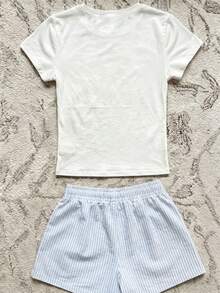 IslaSuriya Women's Letter & Landscape Print Round Neck Short Sleeve Top And Striped Shorts 2-Piece Set - Multicolor - View 2