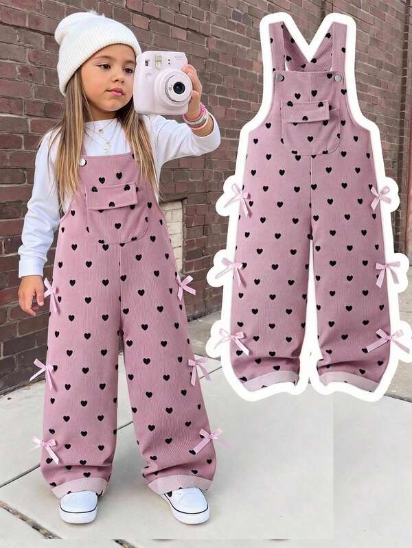 SHEIN Playful Pals Mono de pana para niñas pequeñas, primavera/otoño/invierno, estilo lindo y dulce, diseño de lazo grande, rosa, pierna recta holgada, suave y cómodo, versátil para uso diario, escuela, desplazamientos, salidas