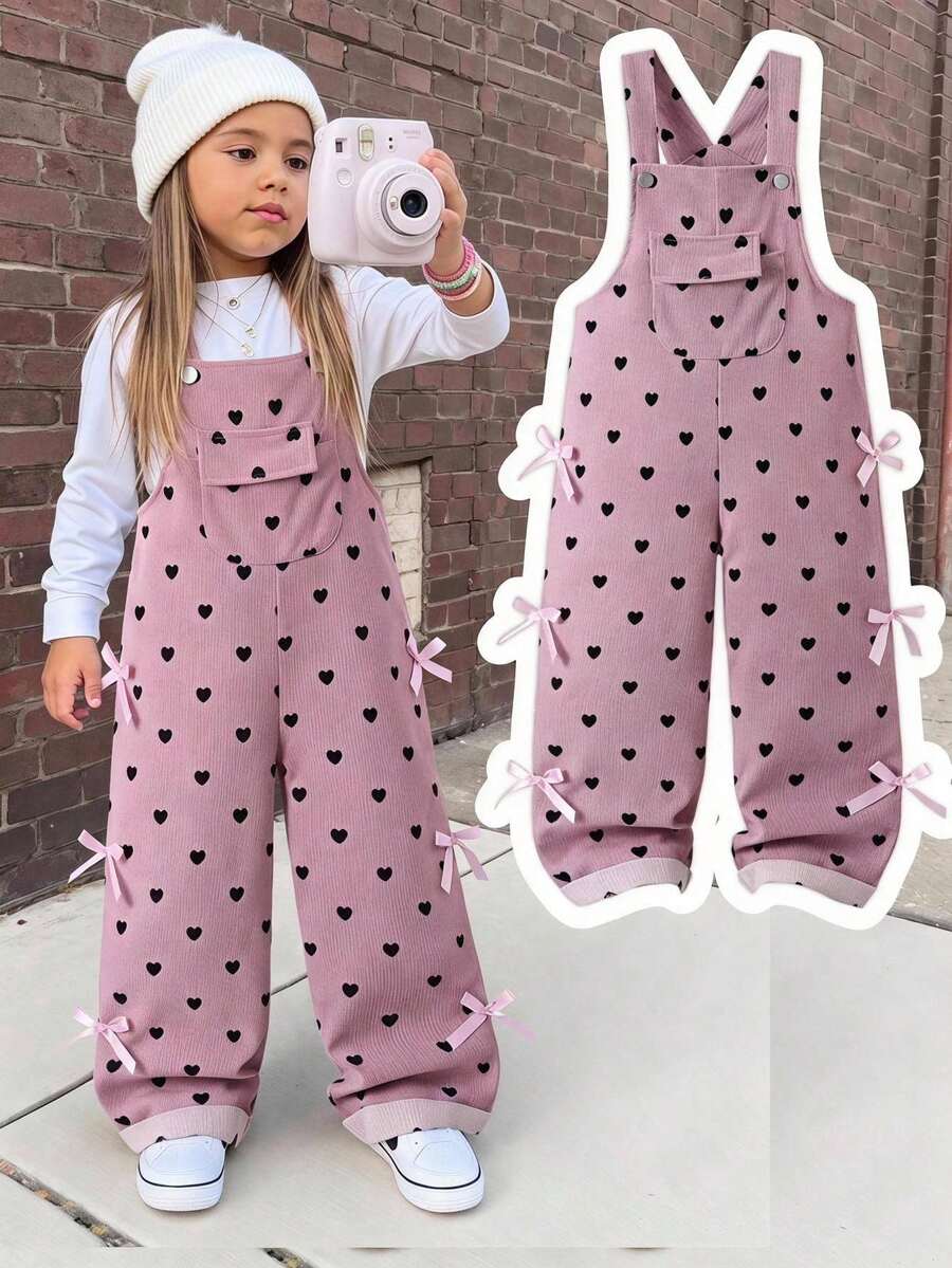SHEIN Playful Pals 幼女幼童燈芯絨吊帶連身褲，春秋冬季款，可愛甜美風，大蝴蝶結設計，粉色，寬鬆直筒褲腿，柔軟舒適，適合日常穿著、上學、通勤、外出
