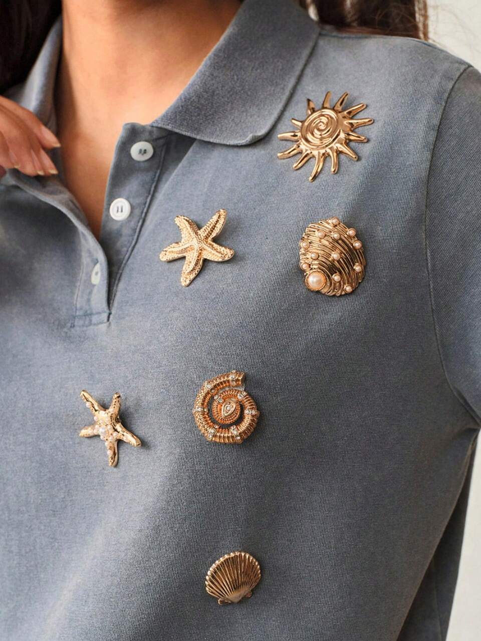 Women's Sailor Elegant Vintage Distressed Washed Ocean Metal Starfish Shell Sun 3D Decor Polo Collar Short Sleeve Top Vacation Dusty Blue Summer