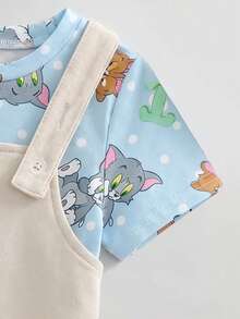 TOM & JERRY X SHEIN 男婴卡通图案字母印花圆领短袖T恤和背带短裤套装 - 藍色 - 查看 8