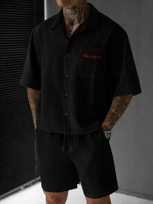 SLATEMANN Men's Embroidered Single-Breasted Short Sleeve Shirt And Pocket Drawstring Waist Shorts Set - Black - View 2