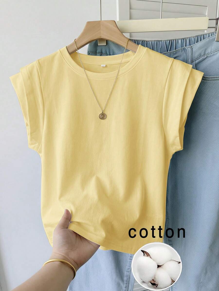 SHEIN 青少年女孩春/夏休閒黃色圓領雙層寬版無袖T恤，適合日常休閒穿著 - 黃色 - 查看 1