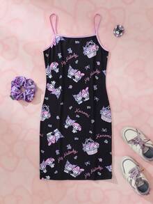 HELLO KITTY AND FRIENDS | SHEIN Tween Girl Cartoon Print Spaghetti Strap Dress - Black - View 3