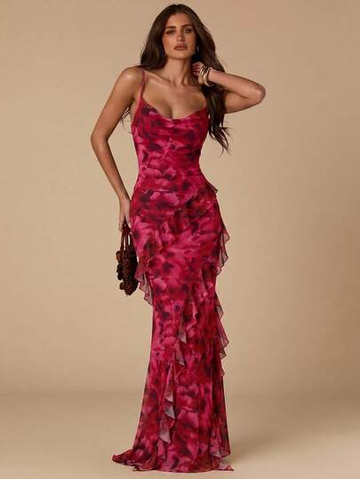 SHEIN BAE CURVE Plus Size Women's Pink Floral Elegant Casual Formal Sexy Ruffled Draped Neck Sleeveless Fitted Maxi Dress Backless Summer Wedding Guest Cocktail