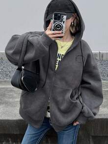 FRIFUL Women's Korean Style Autumn Solid Color Hooded Fleece Lined Double Zipper Jacket Sweatshirt Oversized T Shirts For Women - Grey - View 1
