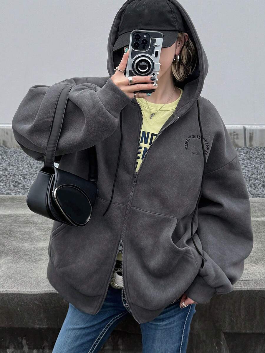FRIFUL Women's Korean Style Autumn Solid Color Hooded Fleece Lined Double Zipper Jacket Sweatshirt Oversized T Shirts For Women - Grey - View 1