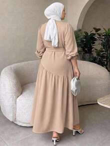 Dazy Plus Khaki Round Neck Loose Long Sleeve Tie-Front Elegant Commuter Mid-Length Dress, Spring/Autumn New Style - Khaki - View 2
