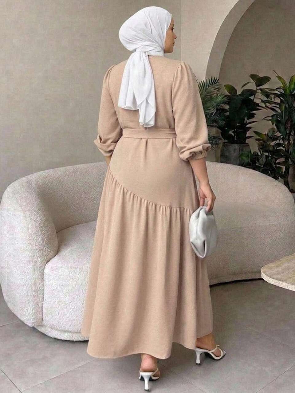 Dazy Plus Khaki Round Neck Loose Long Sleeve Tie-Front Elegant Commuter Mid-Length Dress, Spring/Autumn New Style