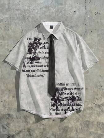 Street Life Camisa de manga corta con estampado de eslogan y abotonadura sencilla para adolescentes, estilo primavera/verano, incluye corbata