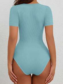 SHEIN 1件女款純色短袖塑形連身衣 - 藍色 - 查看 2