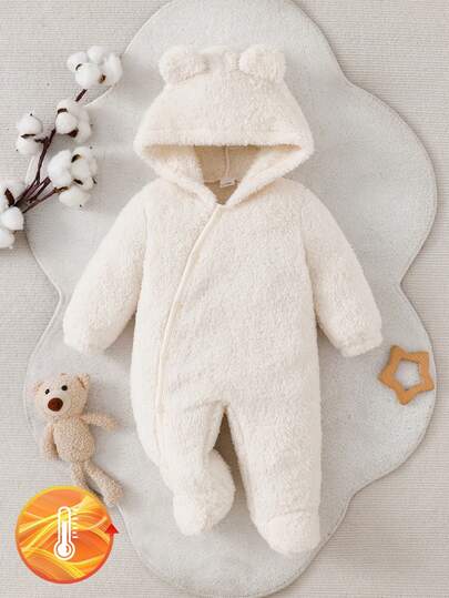 SHEIN Newborn Baby Spring Autumn Winter Fuzzy Fabric One-Piece Jumpsuit, Cute Hooded Design Loved And Pursued By Children, Made Of Comfortable Soft Skin-Friendly Fabric, Suitable For Children's Home Wear, Bringing Comfortable Sleep And Healthy Growth To Children
