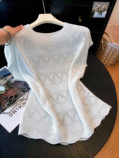 GlowEve CURVE Women's Spring/Summer New Single Piece Round Neck Pale Yellow Loose Fit Sweet Versatile Casual Fashion Knit Pullover Short Sleeve Top