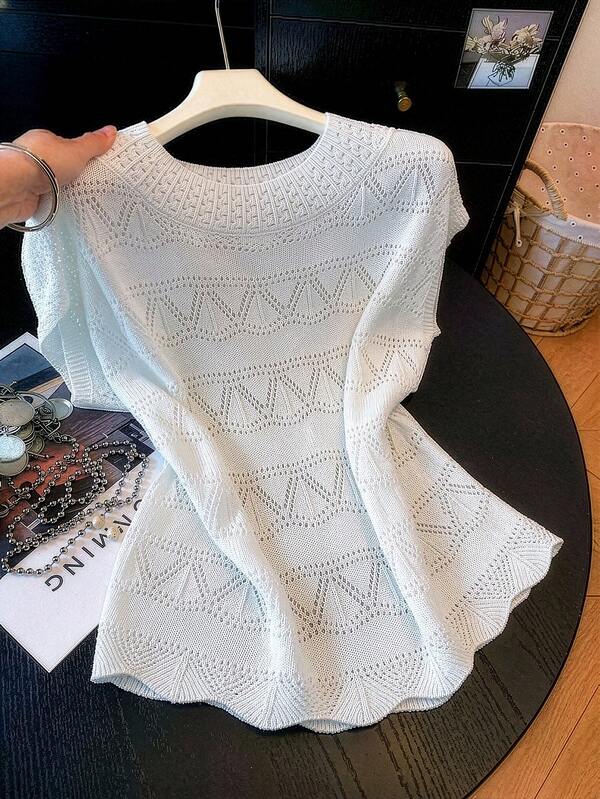 GlowEve CURVE Women's Spring/Summer New Single Piece Round Neck Pale Yellow Loose Fit Sweet Versatile Casual Fashion Knit Pullover Short Sleeve Top