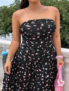 GalTyme Plus Size Women's Ditsy Floral Strapless Ruched Elegant Dress - Multicolor - View 4