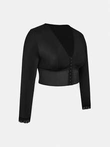 SHAPORA 1pc Plus Size Long Sleeve Lace Cuff Wide Hem Shaping Top - Black - View 5