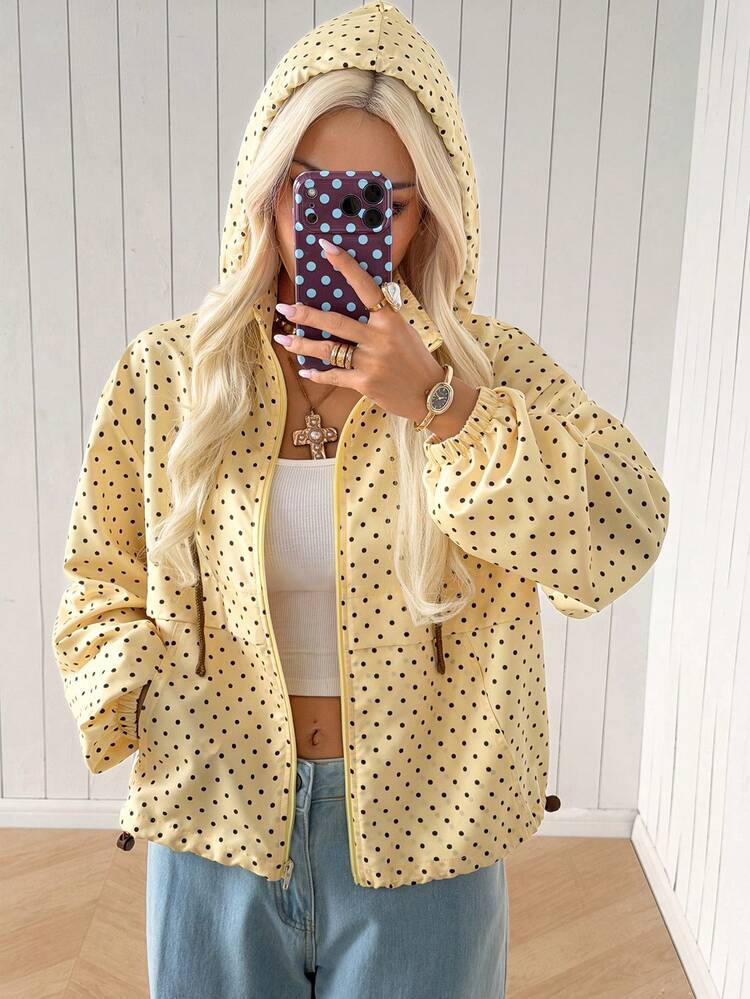 SHEIN EZwear Women's Polka Dot Pattern Long Sleeve Zip-Up Hooded Jacket - Black and White - View 6