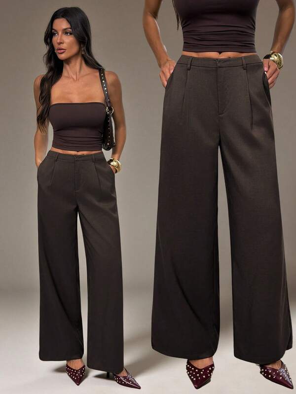 SHEIN Tall Pantalones largos casuales de unicolor con pliegues y bolsillos para uso diario y viajes para mujer