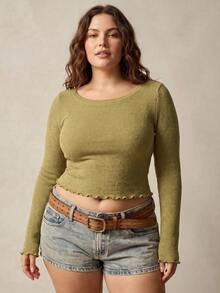 SHEIN Tall CURVE Plus Size Fashion Frill Trim Long Sleeve T-Shirt For Daily Wear - Green - View 7