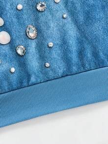 SHEIN LUNE 女款牛仔效果水鑽印花二合一長袖運動衫 - 藍色 - 查看 5