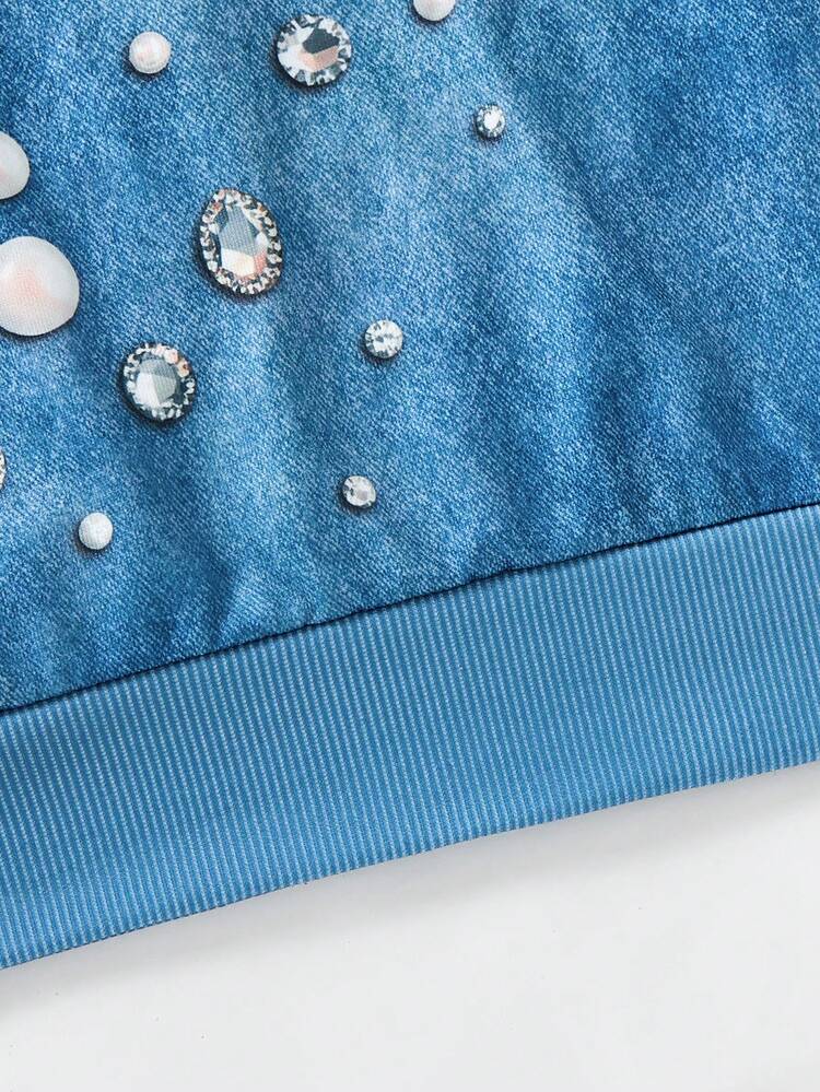 SHEIN LUNE Women's Denim Effect Rhinestone Print 2 In 1 Long Sleeve Sweatshirt - Blue - View 5