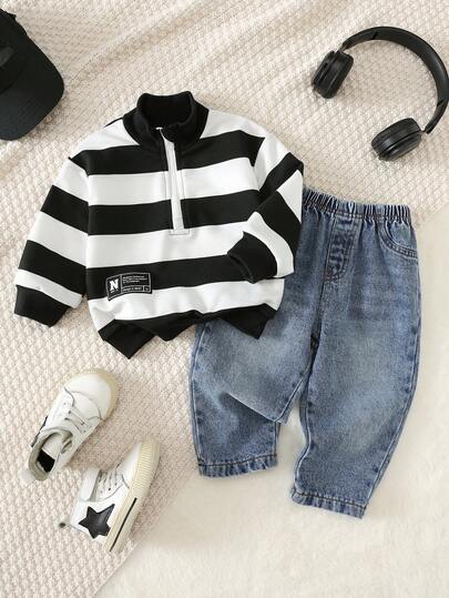 Bubblio Conjunto casual de sudadera con capucha con cremallera a rayas y pantalones largos para bebé niño