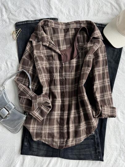 DAZY Women's Casual Plaid Patchwork Asymmetric Collar 2 In 1 Shirt