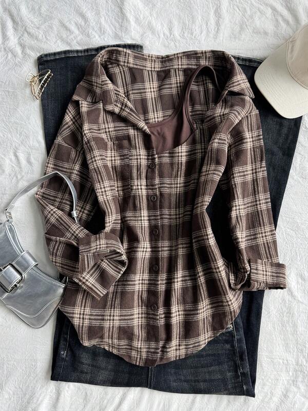 DAZY Women's Casual Plaid Patchwork Asymmetric Collar 2 In 1 Shirt