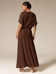 COSMINA Women's Vintage Solid Color Pleated Elegant Mermaid Hem Dress - Brown - View 3