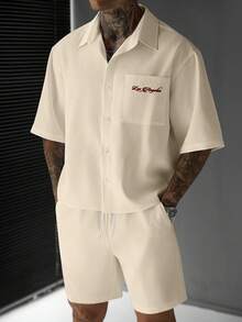 SLATEMANN Men's Embroidered Single-Breasted Short Sleeve Shirt And Pocket Drawstring Waist Shorts Set - Khaki - View 2