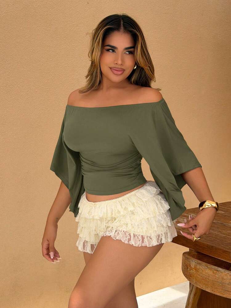 Maria Perezxox Women's Solid Color Fashionable Off Shoulder Cinched Waist Retro Sexy T-Shirt Casual - Army Green - View 1