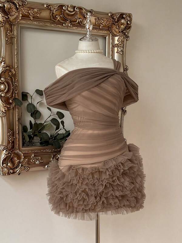 Lovelzi Elegant Luxurious Light Khaki Mesh Tulle Pleated One Shoulder Spaghetti Strap Tiered Ruffle Puff Hem Bodycon Mini Cocktail Party Birthday Dress