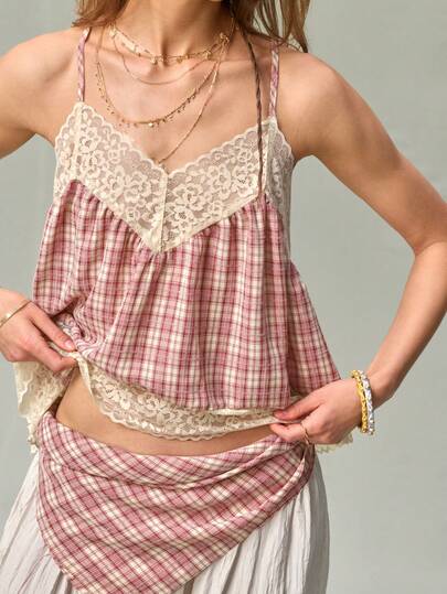 SHEIN Women's Summer Bohemian Elegant Pink Plaid Camisole Tank Top