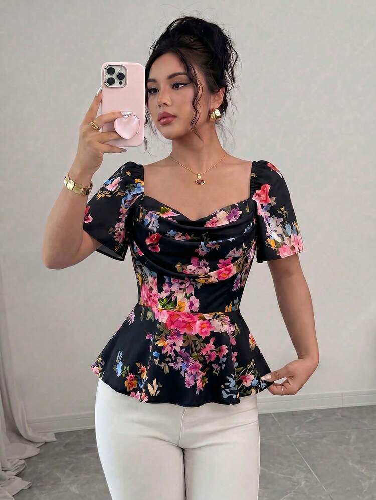 Elenzga 短袖垂領印花收腰優雅浪漫精緻女款襯衫 - 彩色 - 查看 5